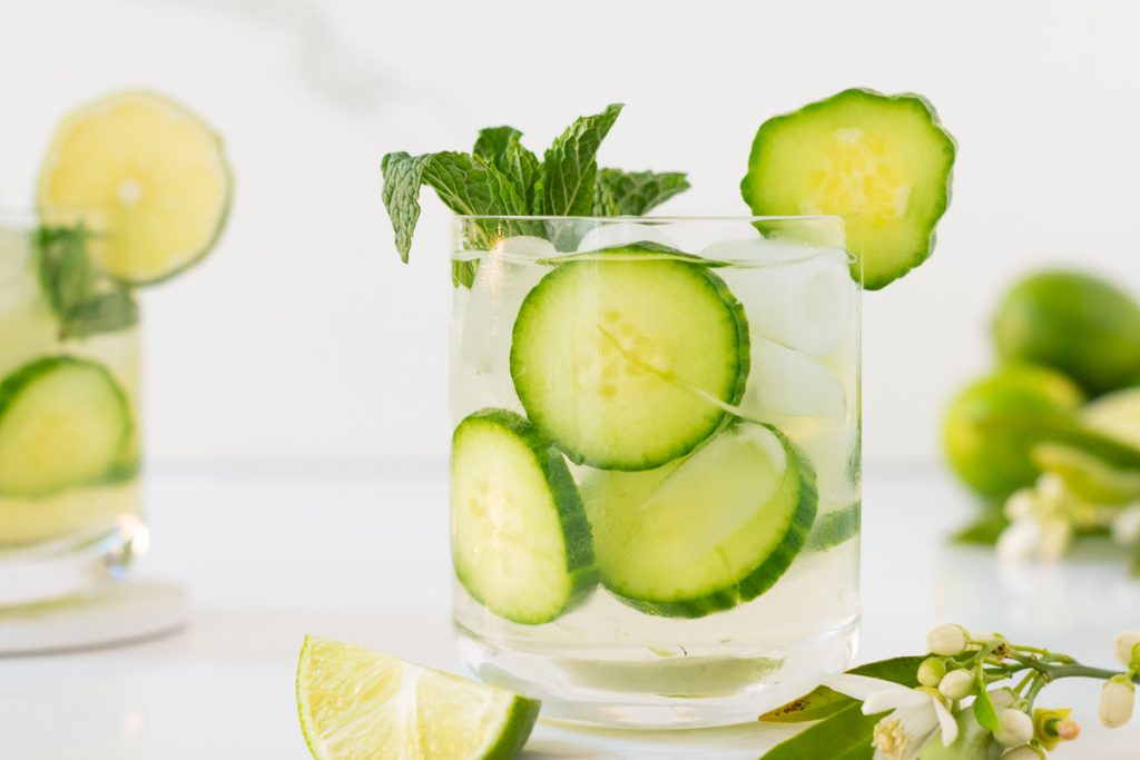 Cucumber Mint Mocktail with lime blossoms