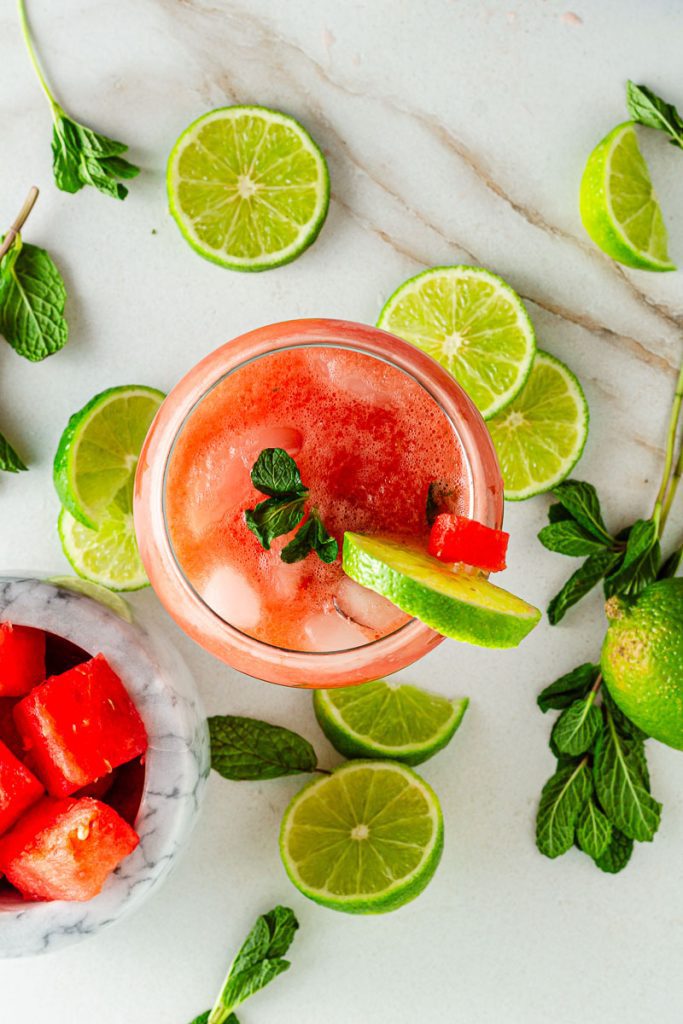 glass of watermelon mojito non-alcoholic cocktail