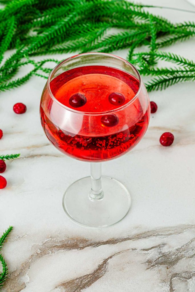 sparkling cranberry mocktail in wine glass with floating cranberries