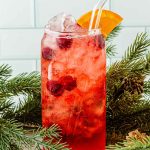 Mocktail with cranberry juice garnished with orange slice, fresh cranberries and a glass straw