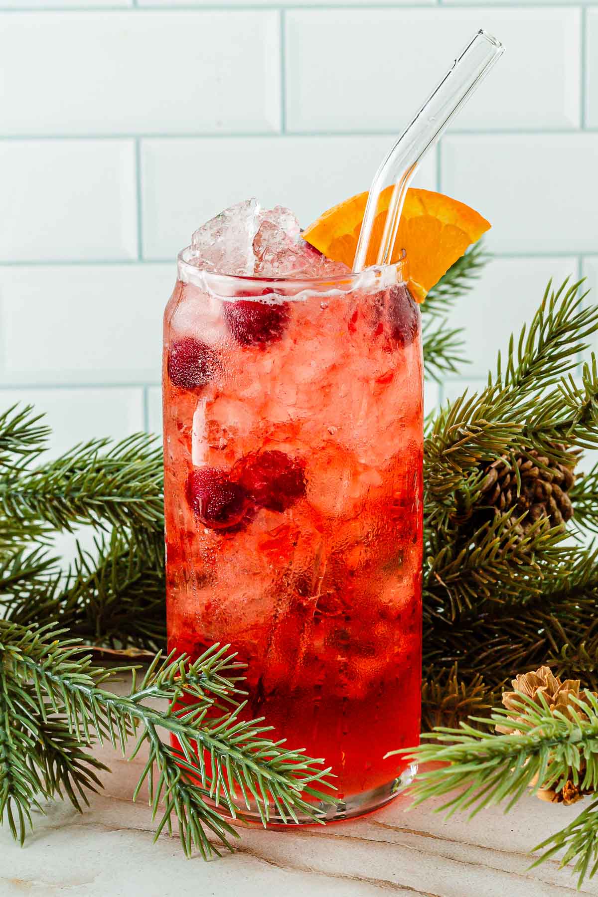 Mocktail with cranberry juice garnished with orange slice, fresh cranberries and a glass straw