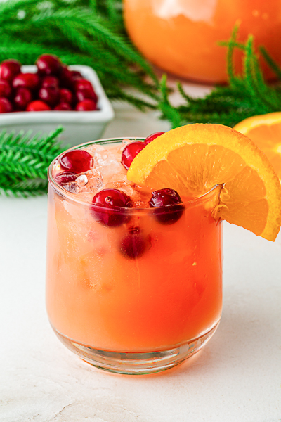 Christmas punch mocktail with ginger ale and fruit garnish