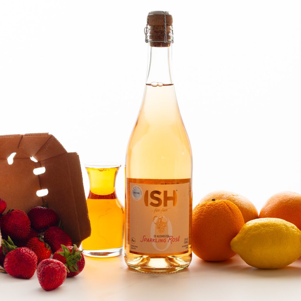 Ish Rose Non-alcoholic wine and fresh fruit fon counter or Non-alcoholic Sangria Mocktail Recipe