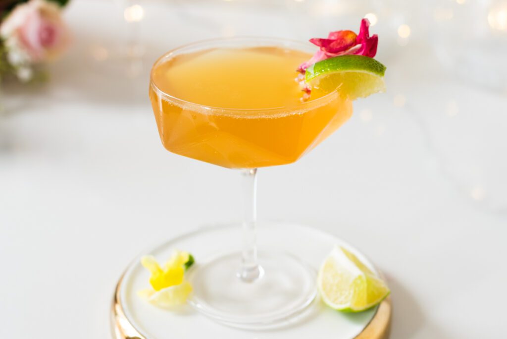 elderflower spritz mocktail in coupe glass