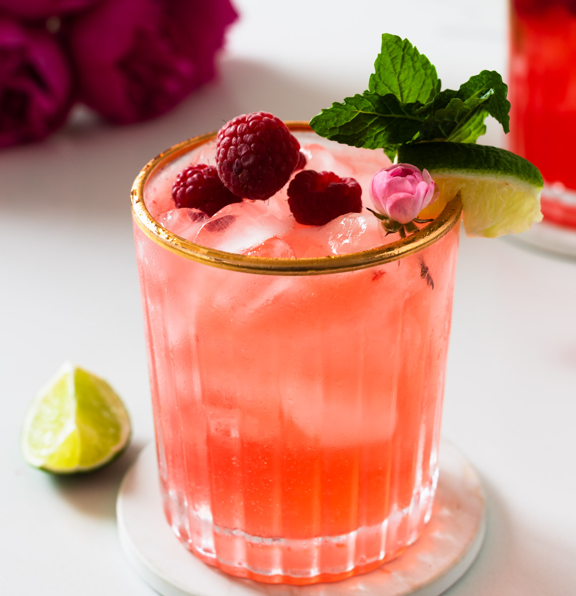 Raspberry Mint Mocktail with fresh Raspberries