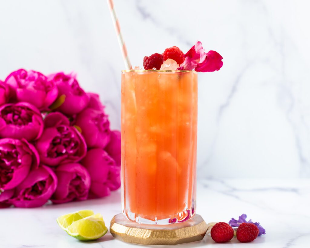 blush pink mocktail with flowers