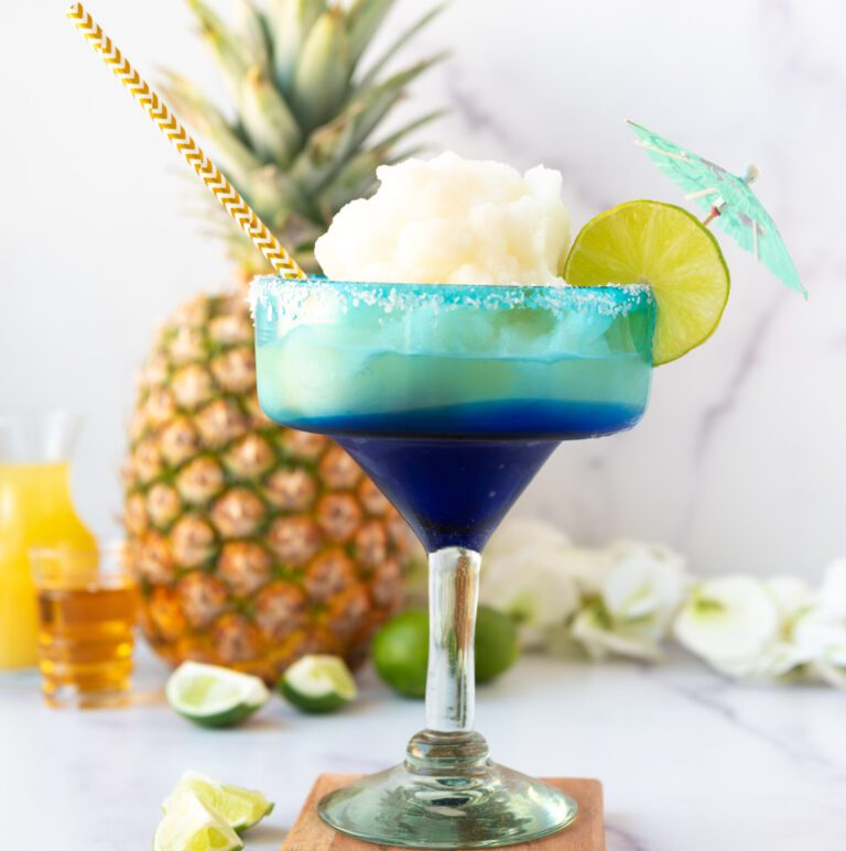 Frozen Margarita Mocktail in Blue Glass for Cinco de Mayo