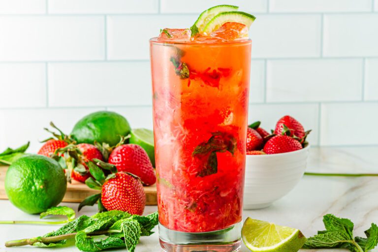 Bright colored virgin strawberry mojito