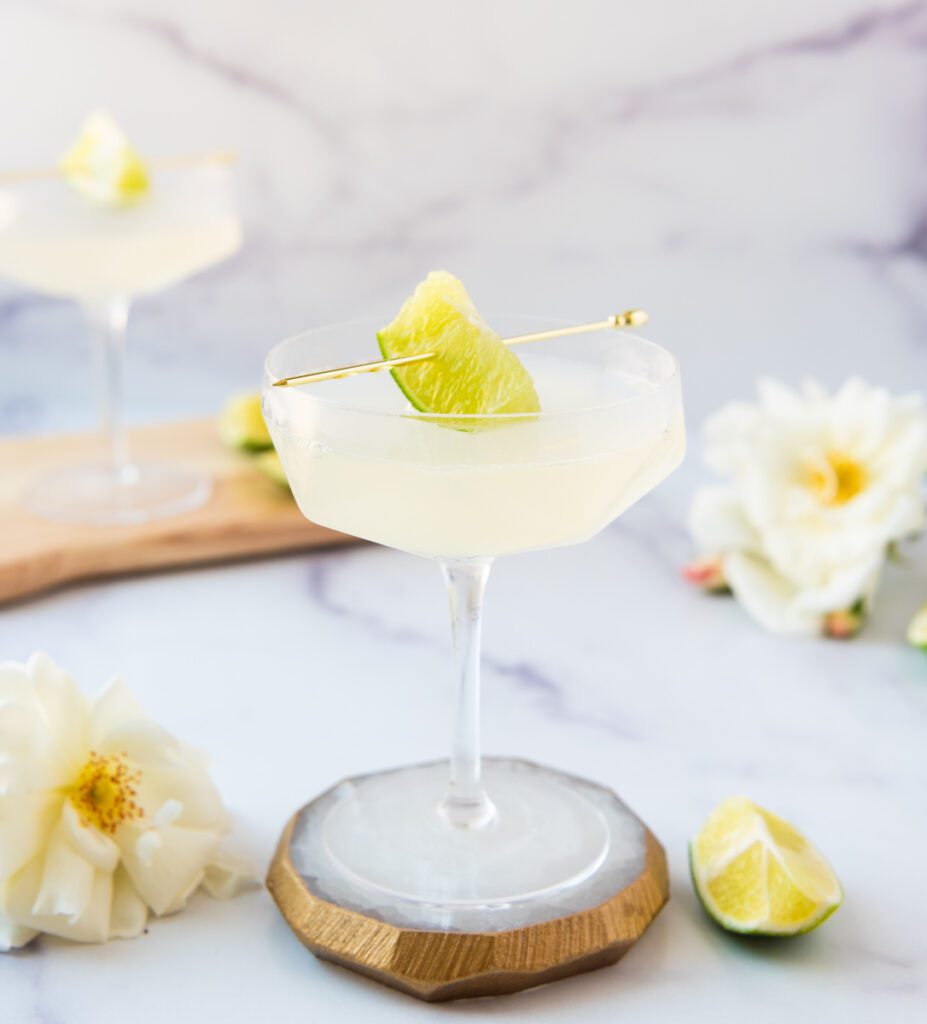 glass of gin mocktail in vintage coupe glass