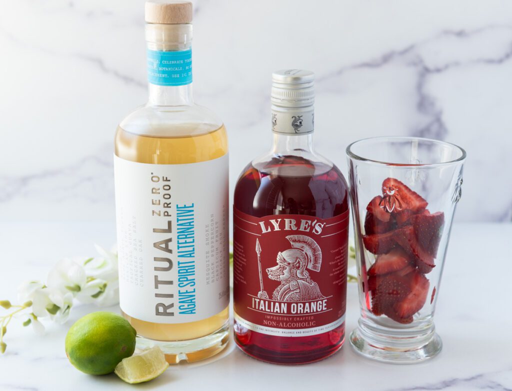 non-alcoholic tequila and ingredients for virgin strawberry margarita