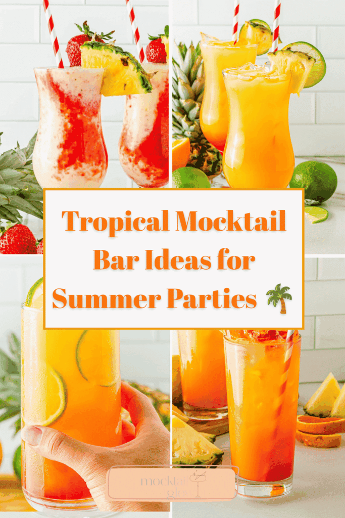 tropical mocktail pinterest pin with 4 bright colored mocktails