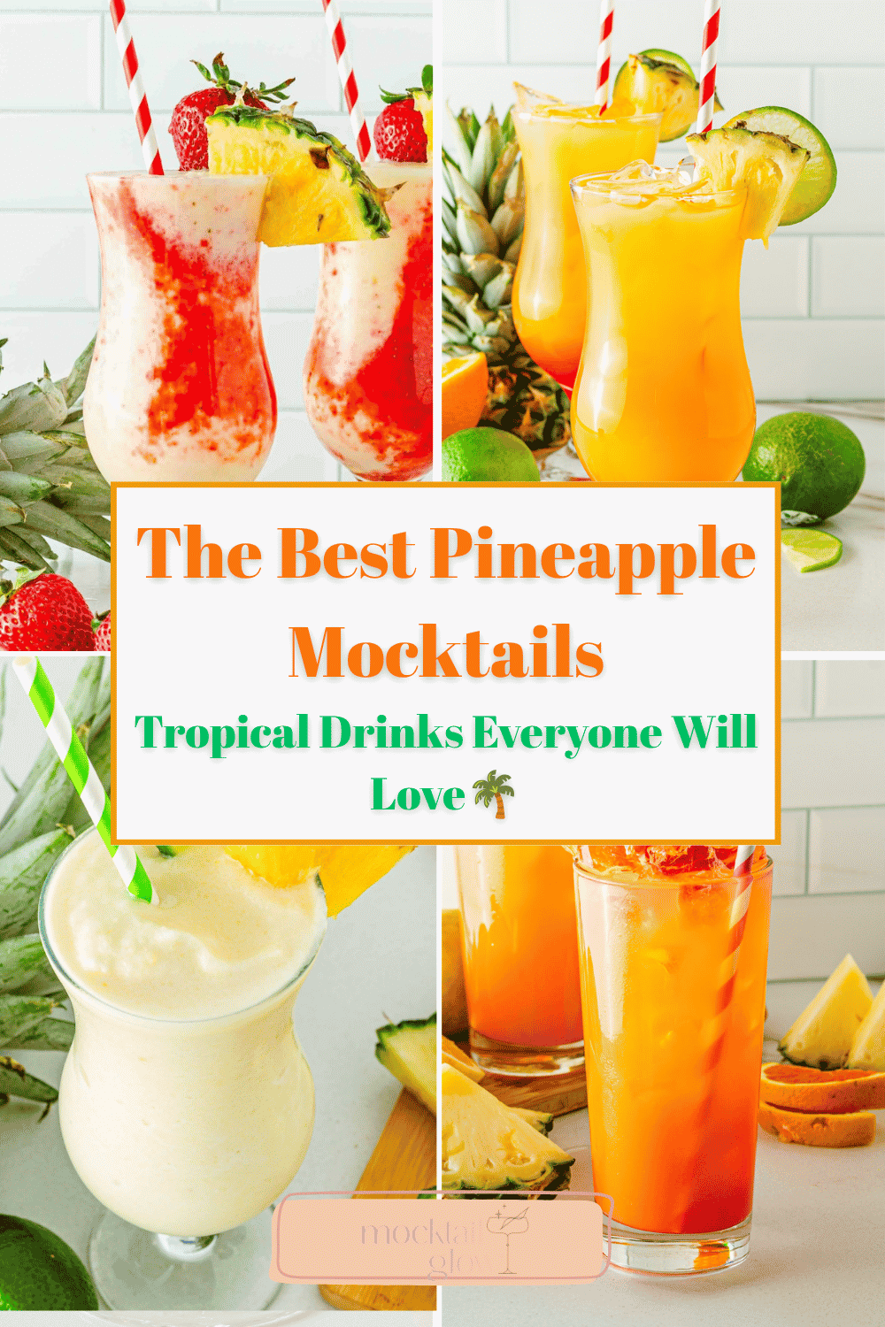 4 tropical mocktails with pineapple and striped straws