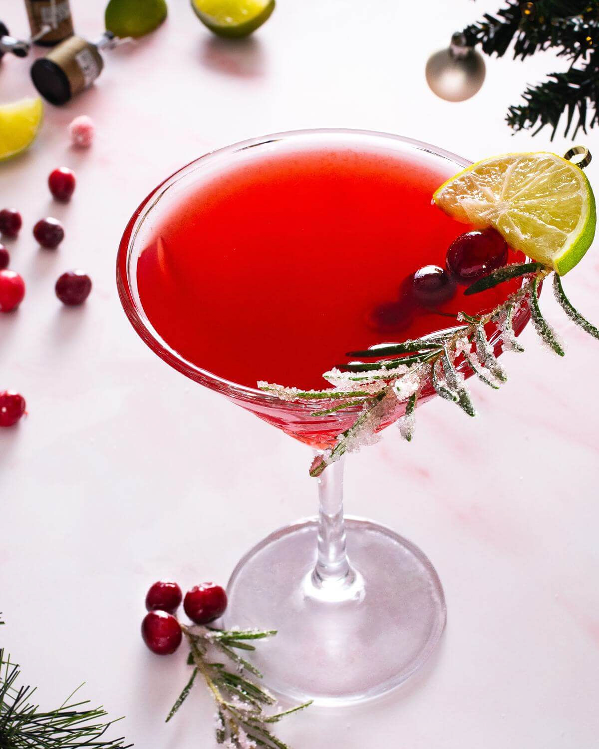 martini glass of cranberry gin mocktail